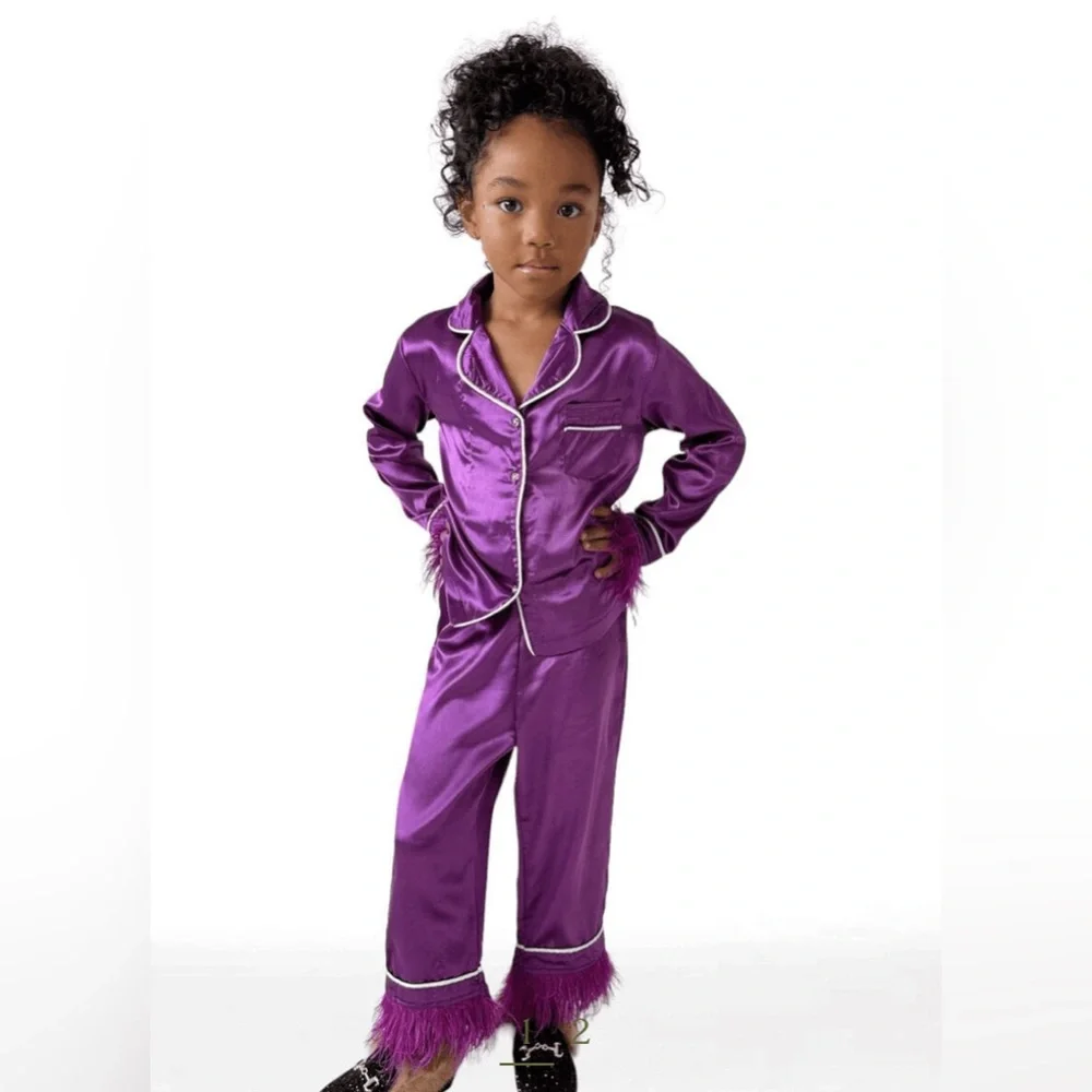 NWT Lola + the Boys Purple Satin Pajama Set with Feather Trim